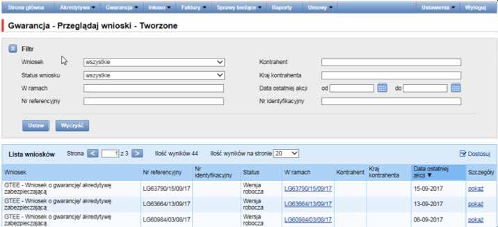 Kliknięcie w link powoduje pojawienie się formatki Szczegóły wniosku. Kliknięcie w link powoduje pojawienie się formatki Szczegóły konwersacji/transakcji.