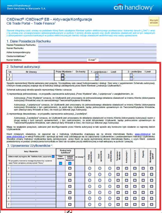 Schemat autoryzacji wskazany w sekcji II Wniosku konfiguracyjnego CitiDirect / CitiDirect EB Aktywacja / Konfiguracja Citi Trade Portal Trade Finance określa sposób reprezentacji Klienta wskazanego w