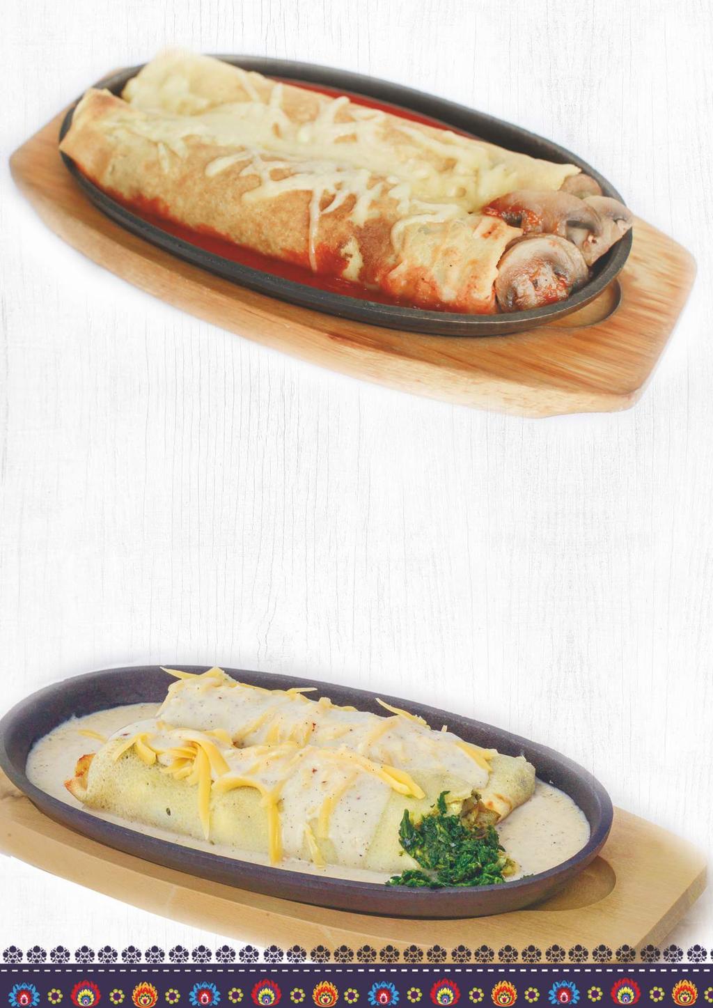 Wyśmienite naleśniki na żeliwie podawane z sosem beszamelowym lub pomidorowym Delicious crepes on a cast iron served with your choice of sauce: bechamel or tomato 29.