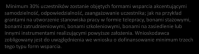 Kryteria premiujące Minimum 30% uczestników zostanie objętych formami wsparcia akcentującymi samodzielność, odpowiedzialność, zaangażowanie uczestnika; jak na