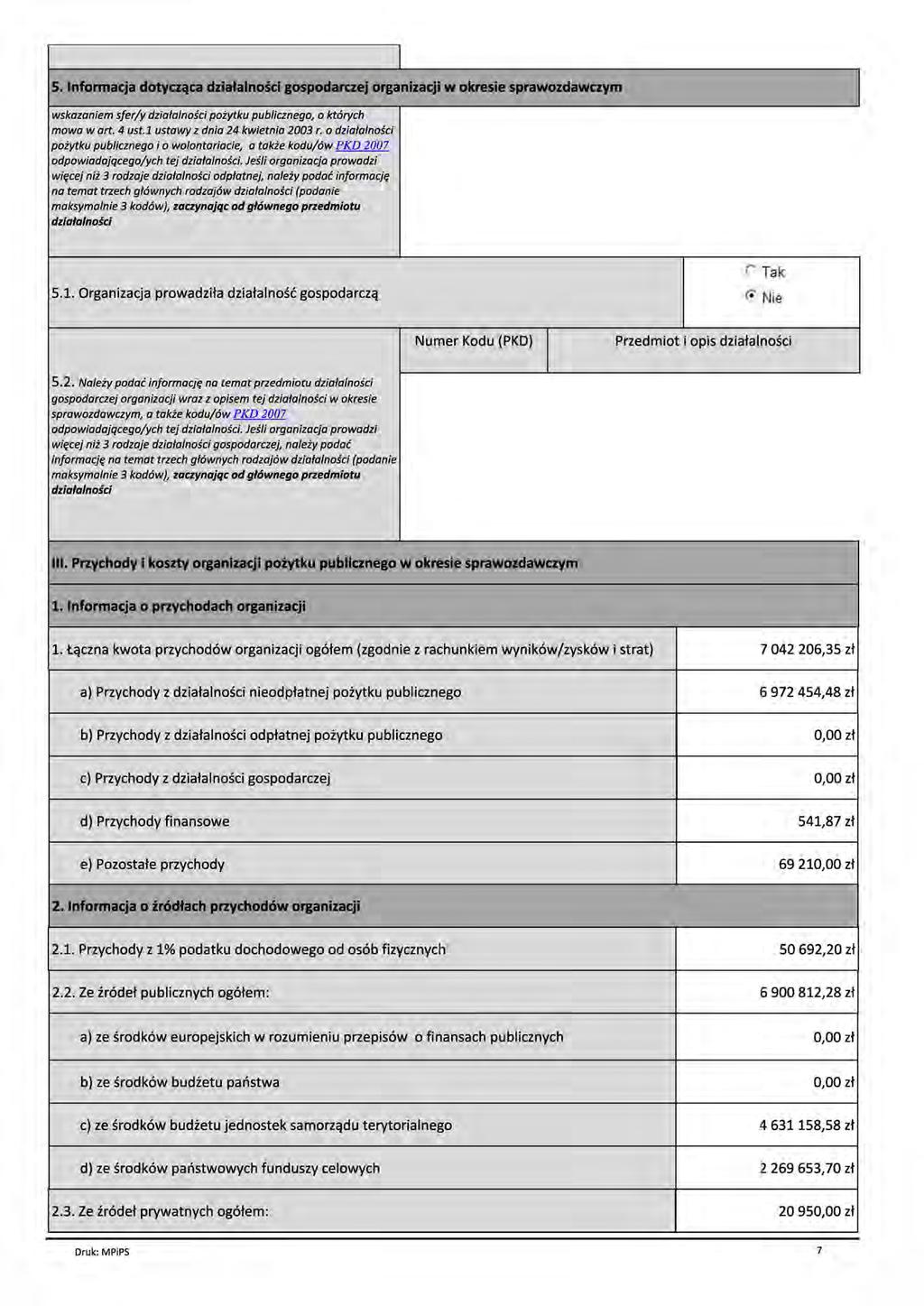5. Informacja dotycząca działalności gospodarczej organizacji w okresie sprawozdawczym wskazaniem sfer/y działalności pożytku publicznego, o których mowa w art. 4 ust.