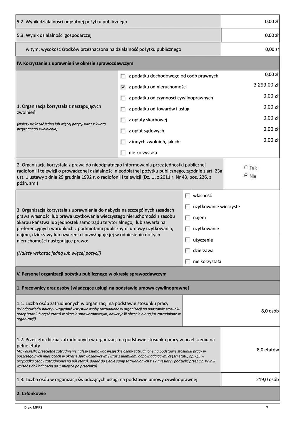 5.2. Wynik działalności odpłatnej pożytku publicznego 5.3. Wynik działalności gospodarczej w tym: wysokość środków przeznaczona na działalność pożytku publicznego IV.
