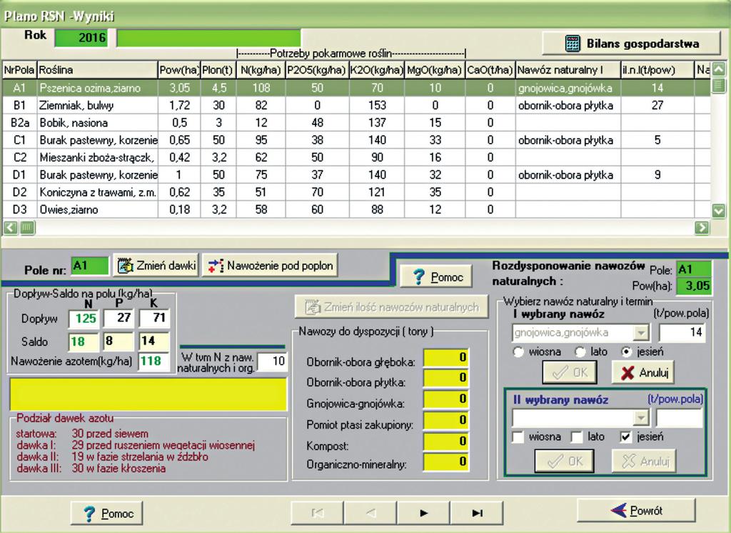 Plan nawozowy bilans gospodarstwa W zależności od zasobności gleby, zaplanowanej wysokości plonu głównego i od wymagań danej rośliny, w dalszej części program będzie wyliczał dawki i terminy