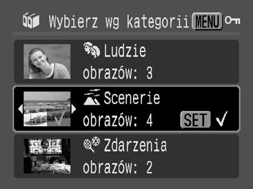 148 [Wybór wg daty]/[wybierz wg kategorii]/[wybór wg folderu] 3 Wybierz zdjęcia. 1. Za pomocą przycisków i wybierz datę, kategorię lub folder zdjęć, które mają być chronione. 2. Naciśnij przycisk.