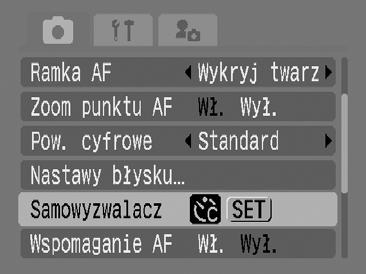 65 Ustawianie czasu opóźnienia i liczby zdjęć ( ) 1 Wybierz opcję [Samowyzwalacz]. 1. Naciśnij przycisk. 2. W menu wybierz za pomocą przycisków i opcję [Samowyzwalacz]. 3. Naciśnij przycisk. 2 Zatwierdź ustawienie.