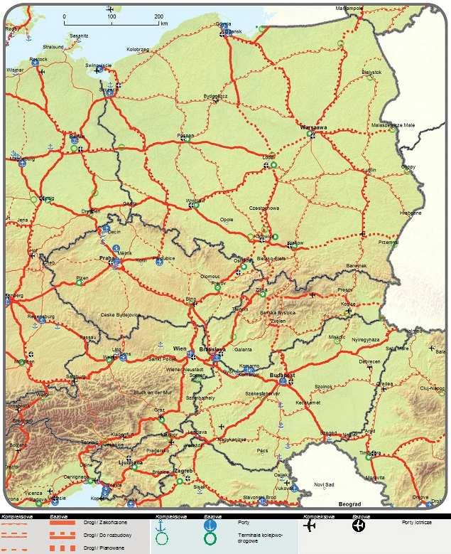 Rysunek 6. Sieci kompleksowa i bazowa: Drogi, porty, terminale kolejowo-drogowe i porty lotnicze źródło: Rozporządzenie Parlamentu Europejskiego i Rady (UE) nr 1315/2013 z dnia 11 grudnia 2013 r.