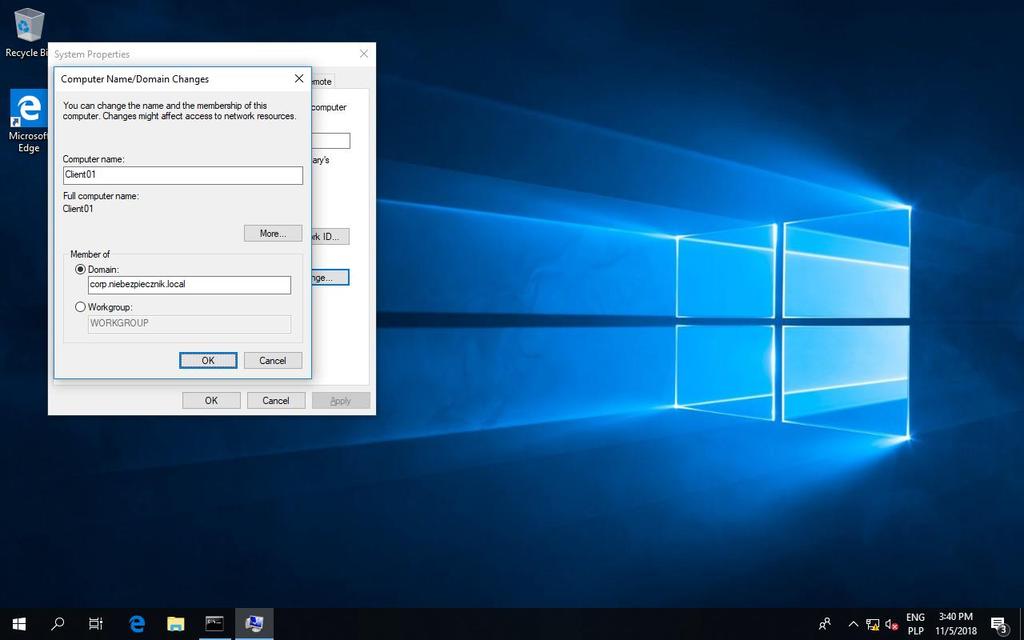 Protokołu TCP/IP v4 nie konfigurujemy ponieważ w instalacji wykorzystujemy serwer DHCP. Po konfiguracji komunikacji sieciowej możemy przystąpić do dodania stacji roboczej do domeny.