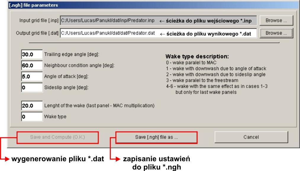 Rys. 32 Okno konfiguracyjne tworzenie pliku(zbioru) *.dat Ustawienie Length of the wake (MAC multiplication) Opis Długośd śladu wirowego podana jako krotnośd średniej cięciwy aerodynamicznej.