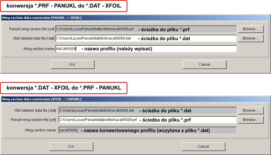 Funkcja/ Polecenie Conversion *.prf to XFOIL Opis Opcja umożliwiająca konwersję pliku *.prf zawierającego definicją geometrii profilu w formacie akceptowanym przez program PANUKL do formatu *.