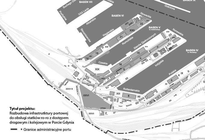 Rys. 2. Obszar objęty działaniami w ramach projektu ro-ro. Źródło: Rozbudowa infrastruktury portowej do obsługi statków ro-ro z dostępem drogowym i kolejowym w Porcie Gdynia, http://www.port.gdynia.