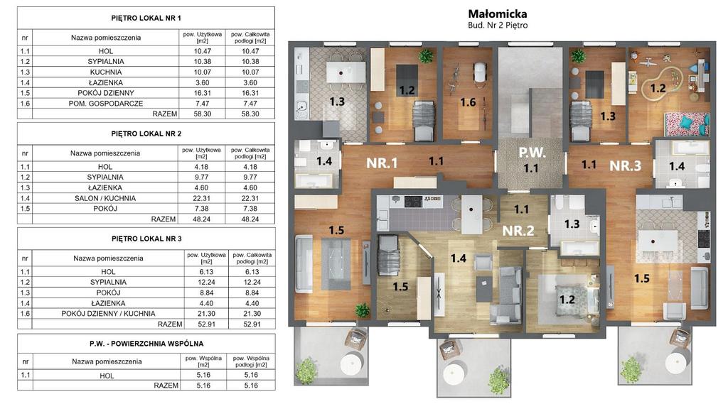 Dostępne lokale na parterze: nr 1 (47,44m2), nr 3 (53,06m2)