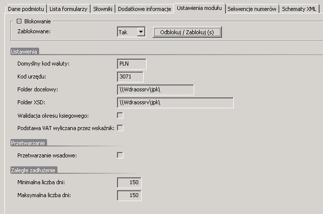 II. Przykładowa zakładki: Ustawienia modułu zawiera dane techniczne niezbędne do wygenerowania deklaracji.