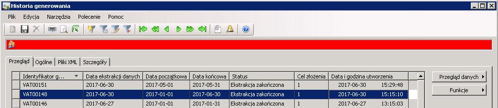 Zakładka Przegląd zawiera kolumny: - Identyfikator generacji nadawany automatycznie dla danej generacji - Data ekstrakcji danych data wygenerowania deklaracji - Data początkowa data rozpoczęcia