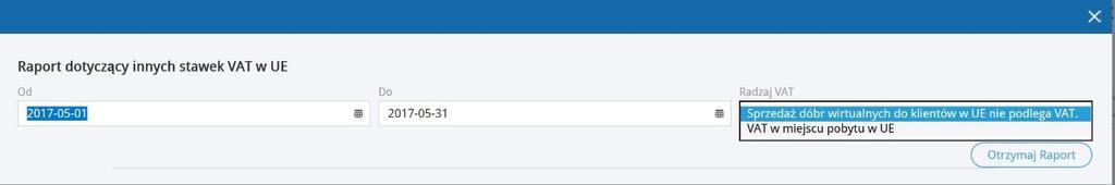 Powyżej listy deklaracji VAT możesz zobaczyć raport Raport dotyczący innych stawek w UE: Sprzedaż dóbr wirtualnych do klientów w UE nie podlega VAT. VAT w miejscu pobytu w UE opcja nieaktywna.
