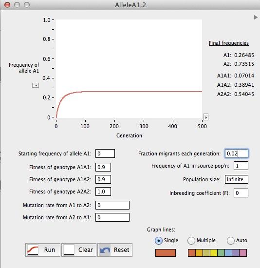 Parametry symulacji Początkowe częstości alleli wyspy p=0; q=1 ląd p=1; q=0 Tempo migracji: 2% na