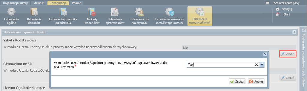 Zaloguj się do systemu UONET+ jako administrator i uruchom moduł Administrowanie. 2. Przejdź do widoku Konfiguracja/ Ustawienia usprawiedliwień. 3. W wierszu jednostki kliknij przycisk Zmień. 4.