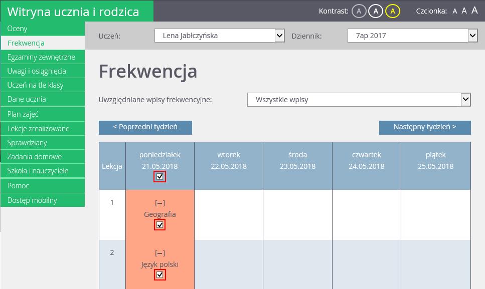 wierszu nagłówkowym tabeli frekwencji wyświetlają się tylko w dniach, w których uczeń był