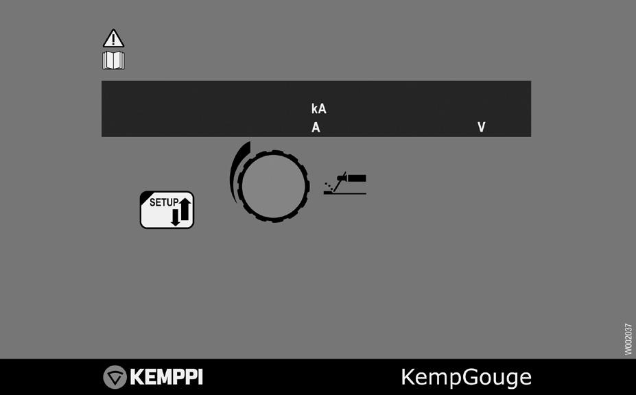 1.3.2 Panel sterowania P1 P2 P3 KempGouge ARC 800 / Kemppi Oy / 1714 P4 P5 P1 P2 P3 P4 P5 Lewy wyświetlacz (prąd żłobienia lub nazwa nastawianego parametru) Kontrolki aktualnie zadawanego parametru