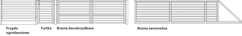 Komplet ogrodzeniowy składa się z przęsła, furtki, bramy, słupków 70 x 70 do przęsła, słupków 100 x 100 do bram i furtek oraz osprzętu