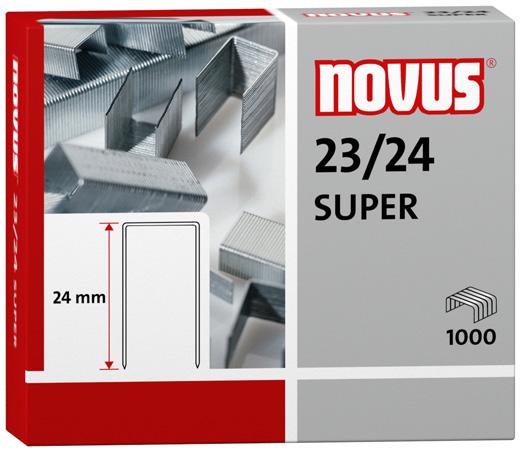 długość nóżki 20 mm, wykonane z drutu o maksymalnej wytrzymałości Zszywa do 140 kartek standardowego papieru (80g/m 2 ) 1000 sztuk 042-0240 NOVUS 23/24 SUPER