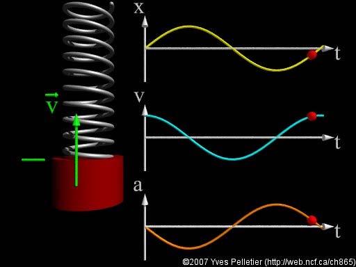 x T Wykład 8 Informatyka 011/1 x( t) = x sin( ω 0t + α), m t T Okres drgań: = π / ω0 = π m/k Prędkość: v Przyspieszenie: dx = = ω0 xm cos( ω0t + α) = ω0xm sin( ω0t + α + π / ), (wyprzedza w fazie x o