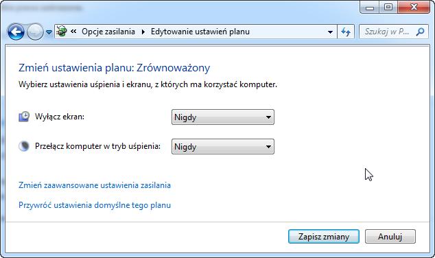 Pojawi się ekran "Wybierz plan zasilania". Kliknij opcję Zmień ustawienia planu> wybierz Nigdy> wybierz Nigdy> Zapisz zmiany.