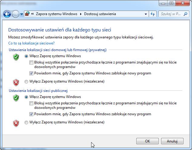 Upewnij się, że zaznaczona jest opcja Włącz zaporę systemu Windows, kliknij przycisk OK.