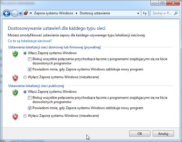 Upewnij się, że zaznaczona jest opcja Włącz zaporę systemu Windows, kliknij przycisk OK.