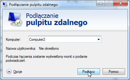 Wpisz w Komputer2 w polu Komputer i kliknij przycisk Połącz.