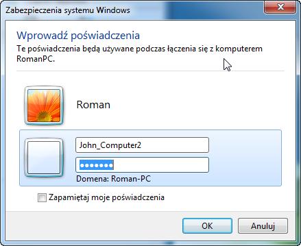 Na przykład: Jan_Komputer2. W polu "Hasło" wpisz hasło dla użytkownika.