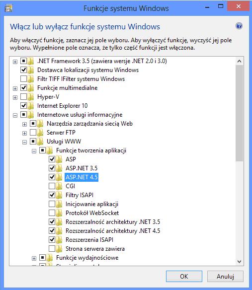 Rys. 3 Minimalny zestaw funkcji do obsługi IIS W celu dokończenia konfiguracji środowiska serwera IIS należy zarejestrować technologie ASP.NET.