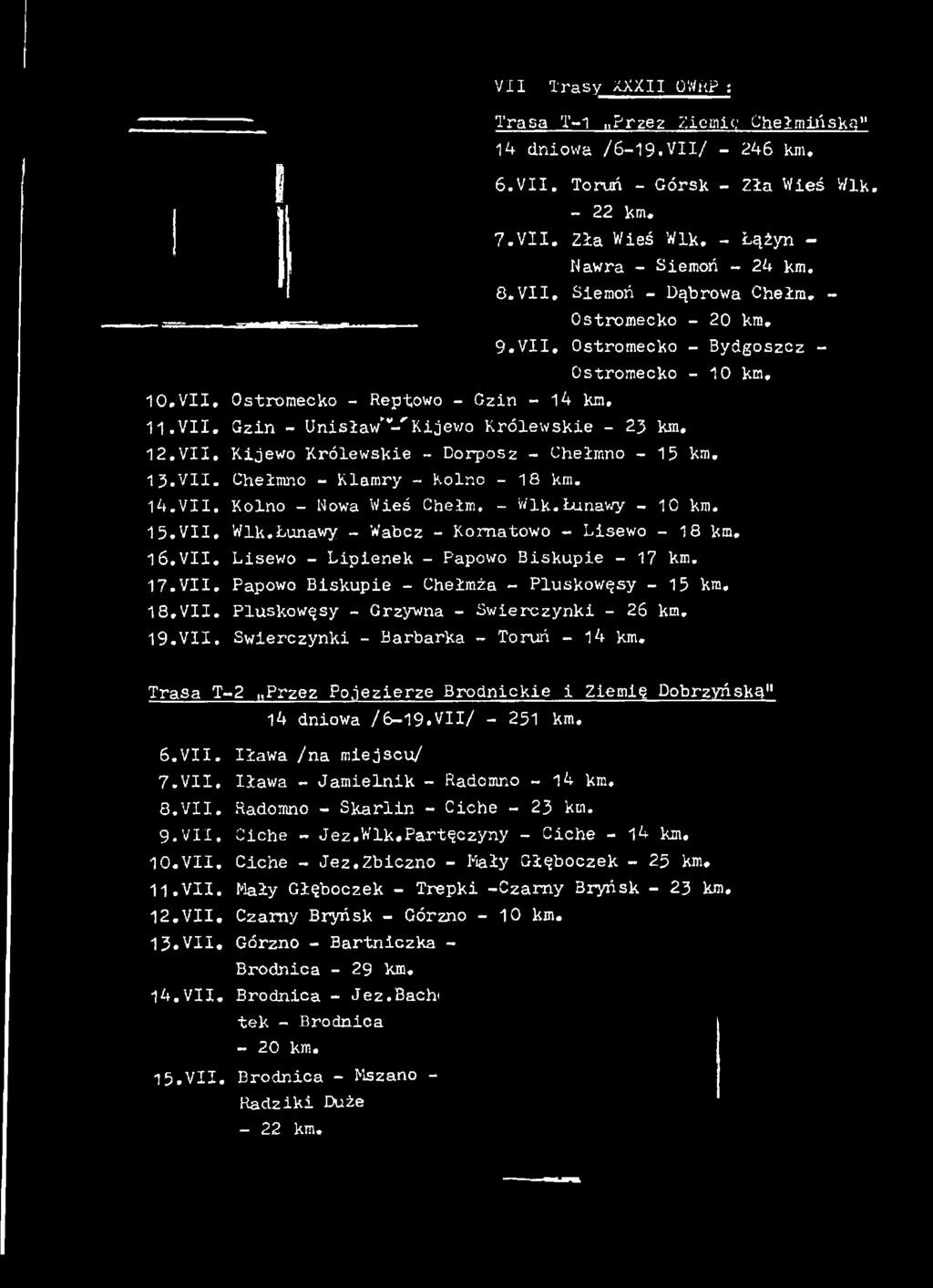 VII. Ostromecko - Reptowo - Gzin - 14 km. 11. VII. Gzin - Unisław - Kijewo Królewskie - 23 km. 12. VII. Kijewo Królewskie - Dorposz - Chełmno - 15 km.