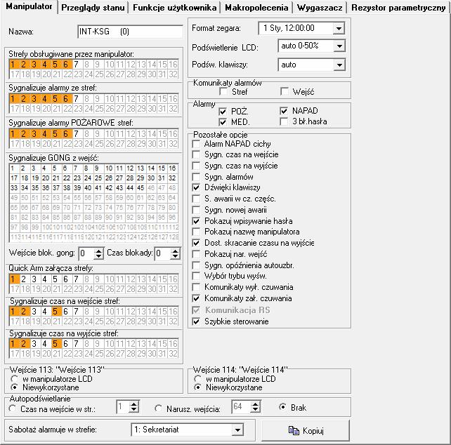 6 INT-KSG SATEL Sygnalizuje alarmy pożarowe stref [Al. poż. stref] lista stref, z których alarm pożarowy może być sygnalizowany w manipulatorze przy pomocy diody LED, komunikatu na wyświetlaczu lub dźwięku.