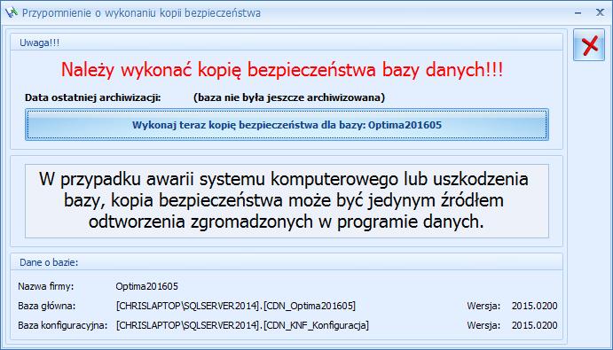 ERP Optima. Nazwa serwera to pierwszy człon bazy głównej bez nawiasów kwadratowych. 2. Pola <Login> i <Hasło> wypełnij danymi uwierzytelniającymi do bazy danych.