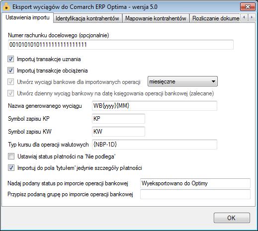 Inne ustawienia Ustawienia importu Numer rachunku docelowego numer rachunku