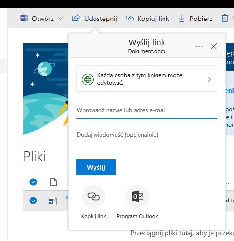 przeglądarki z otwartym oknem OneDrive. Aby udostępnić pliki/folder zapisany na dysku OneDrive: 1. zaloguj się przy użyciu swojego konta Microsoft Office 365, 2.