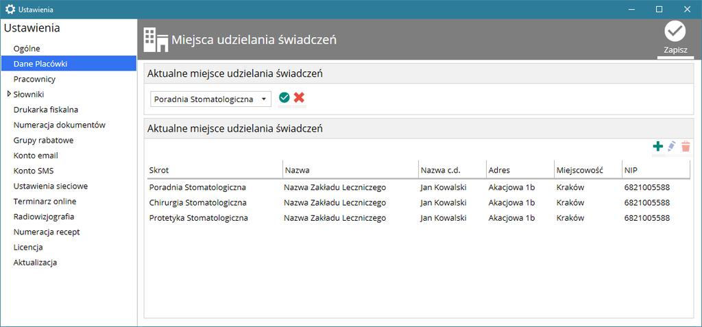 W miejscu konfiguracji Miejsca udzielania świadczeń można wybrać aktualne miejsce przypisane do tego komputera, jednak przy logowaniu pracownik może zmienić to miejsce, jeżeli np.