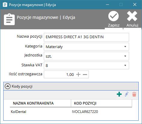 Dodatkowe właściwości pozycji magazynowej: Ilość ostrzegawcza Kody pozycji oznacza ilość towaru, poniżej której daną pozycję magazynową należy zamówić u dostawcy dla każdej pozycji magazynowej można