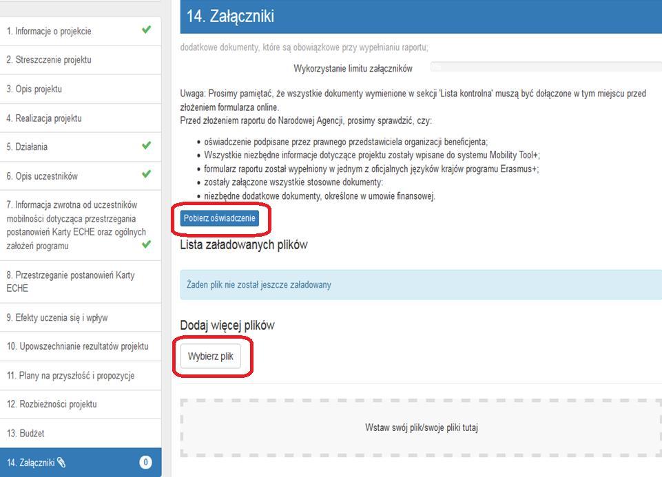 Załączniki oraz lista kontrolna PRZED ZŁOŻENIEM RAPORTU ONLINE należy wydrukować Oświadczenie (klikając przycisk Pobierz oświadczenie ), przekazać je do podpisu prawnego przedstawiciela instytucji,