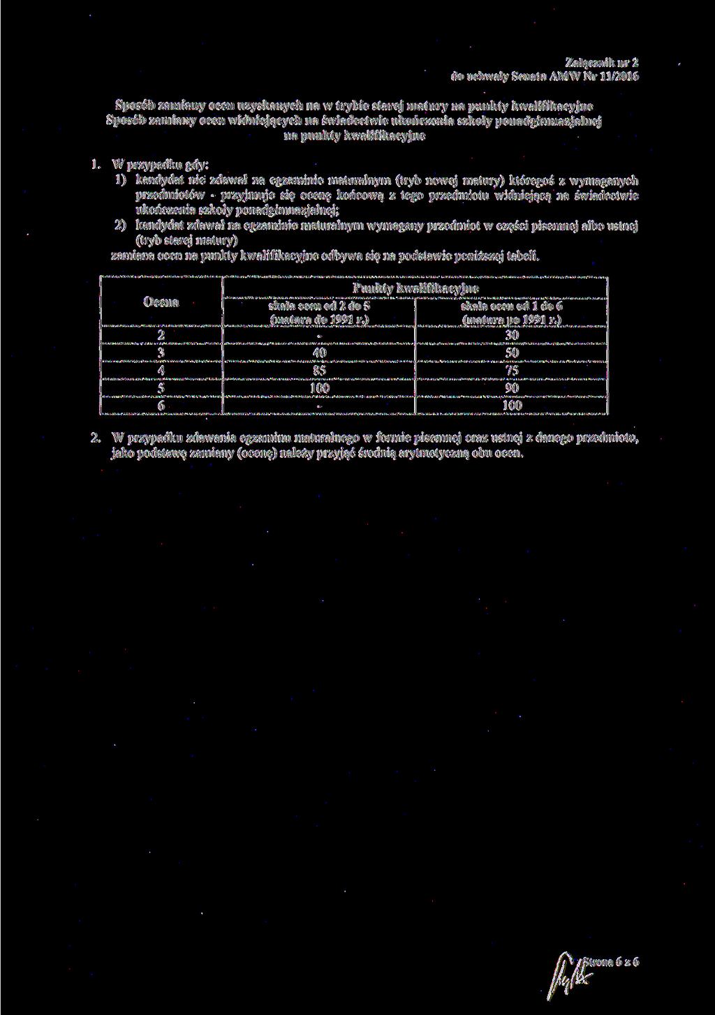 Załącznik nr 2 do uchwały Senatu AMW Nr /206 Sposób zamiany ocen uzyskanych na w trybie starej matury na punkty kwalifikacyjne Sposób zamiany ocen widniejących na świadectwie ukończenia szkoły