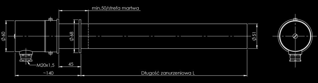 50mm w poziomie Cechy - grzałka z kołnierzem do wspawania w ścianie zbiornika - wymienny wkład grzejny bez konieczności opróżniania płynu ze zbiornika -