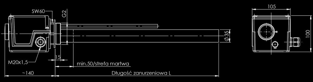 GRZAŁKI RUROWE ETG ETG-T Moc Napięcie Średnica Materiał osłony, głowice z gwintem Podłączenie gwintowe Ochrona podłączeń Stopień ochrony Strefa martwa Warunki pracy od 300W do 3100W 230V, 3x400V od