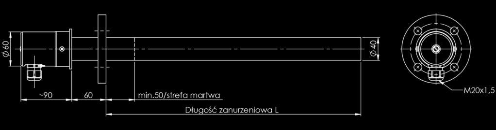 GRZAŁKI RUROWE ETG ETG-F Moc Napięcie Średnica Materiał osłony, głowice z gwintem Średnica kołnierza Podłączenie