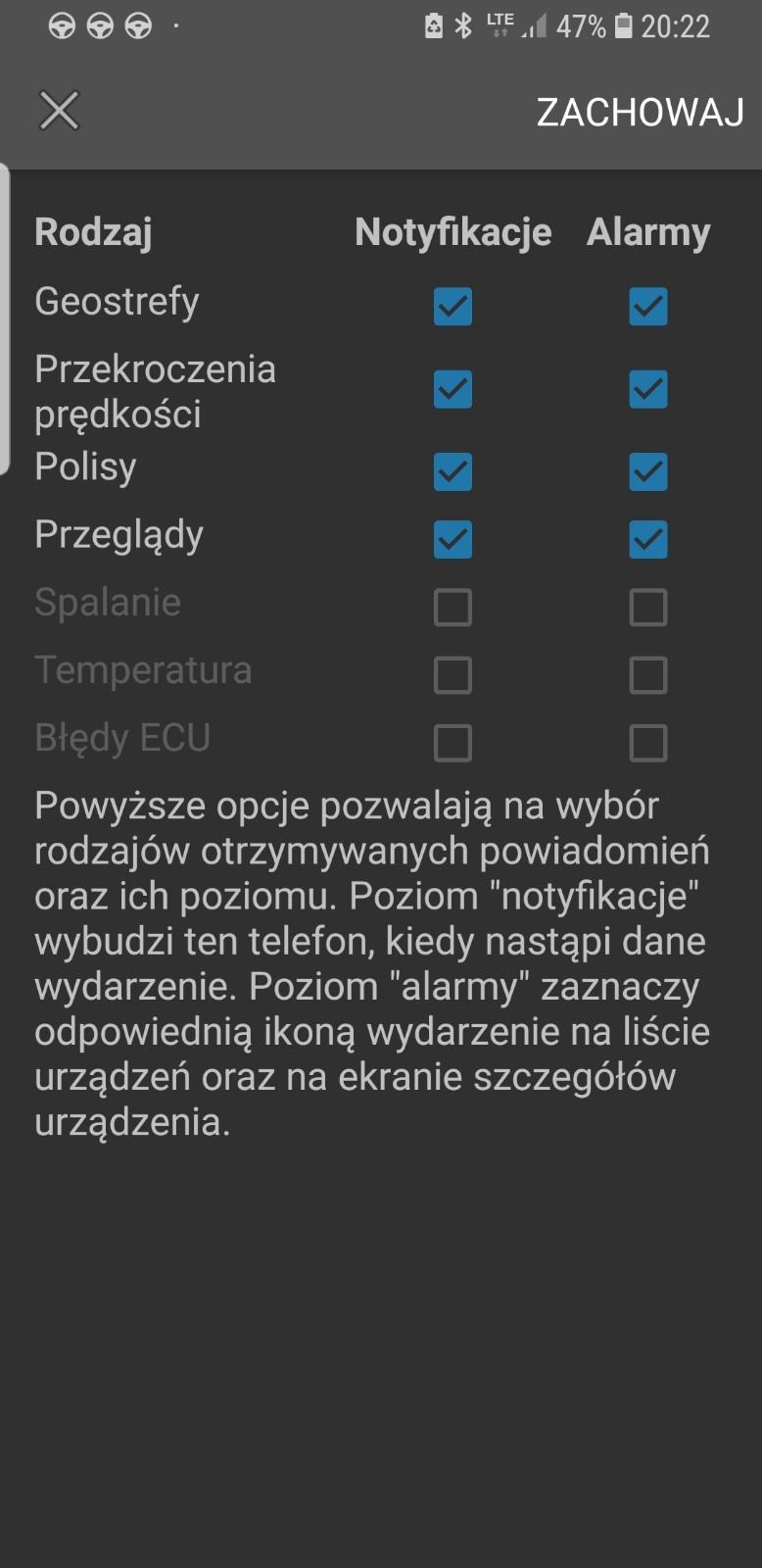 Wybór metody powiadamiania - ustawienia notyfikacji i alarmów. Alarmy wyświetlane są w aplikacji.