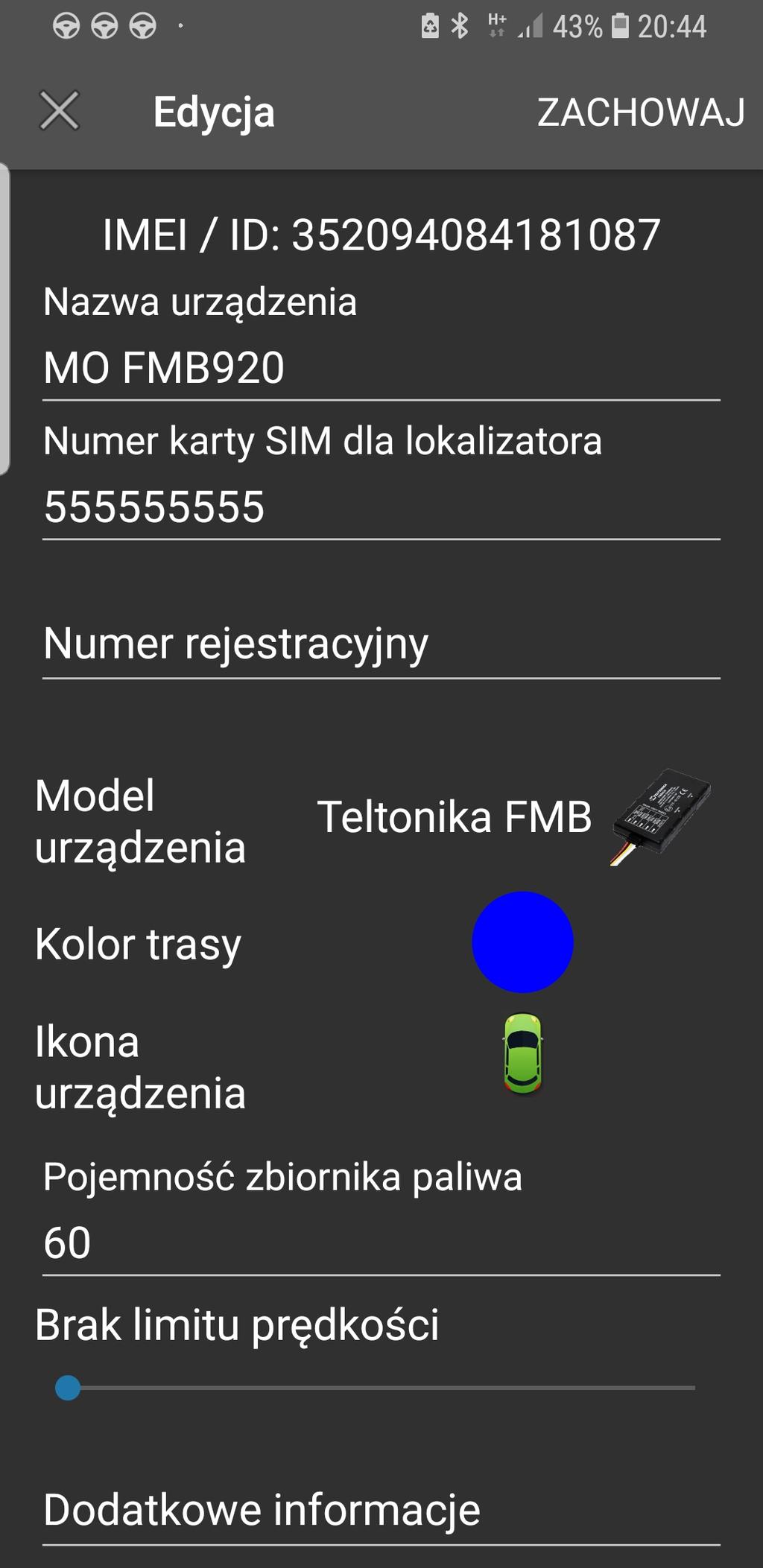 Wpisz nazwę lokalizatora Wprowadź numer telefoniczny karty SIM zamontowanej w lokalizatorze Opcjonalnie podaj numer rejestracyjny