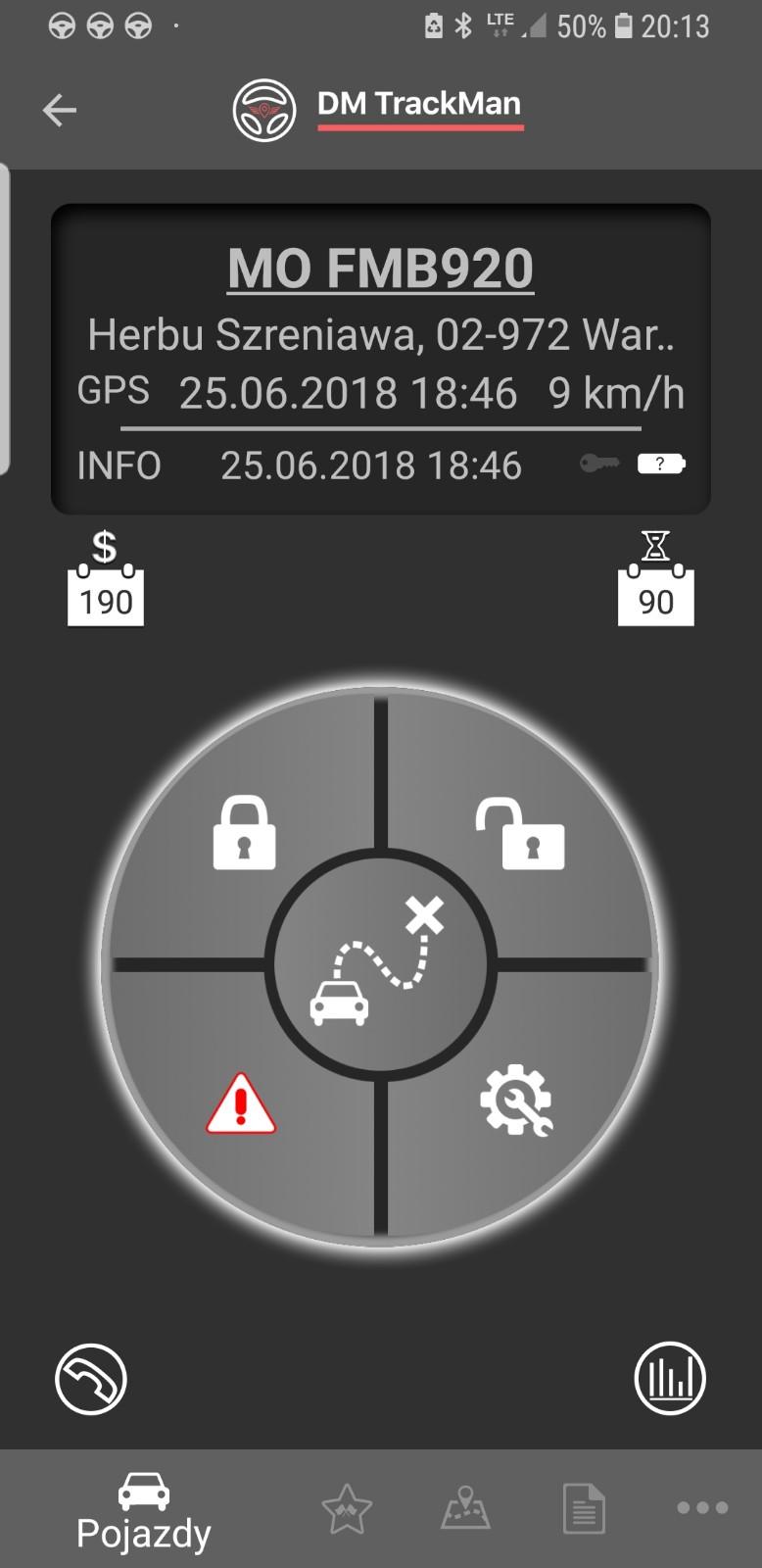 Panel sterowania lokalizatora GPS Wskaźniki stanu zapłonu i baterii Aktualne dane o położeniu i ruchu pojazdu Liczba dni opłaconego abonamentu (Nie dotyczy Planu 0) Liczba dni przechowywanej historii