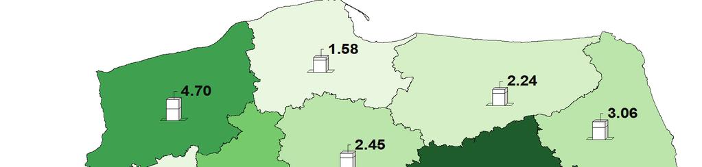 Powierzchnia plantacji krzewów jagodowych w poszczególnych województwach Polski i udział