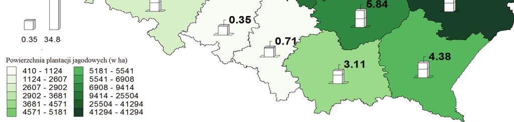 województw w powierzchni krajowej plantacji krzewów jagodowych w 2015 roku Źródło: