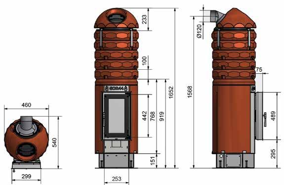 ) 3 / 5 kg Długość drewna 25 cm Potrzebny ciąg komina 17 Pa Ilość wydzielanych spalin 17 g/s Średnia temperatura spalin na wyjściu 567 C Zapotrzebowanie powietrza do spalania 48 m 3 /h Podstawa
