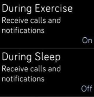 Jeśli chcesz wyłączyć powiadomienia, żeby nie otrzymywać ich podczas ćwiczeń lub w czasie snu, wybierz Notifications, a następnie pozycję During Exercise lub During Sleep i zmień ustawienia.